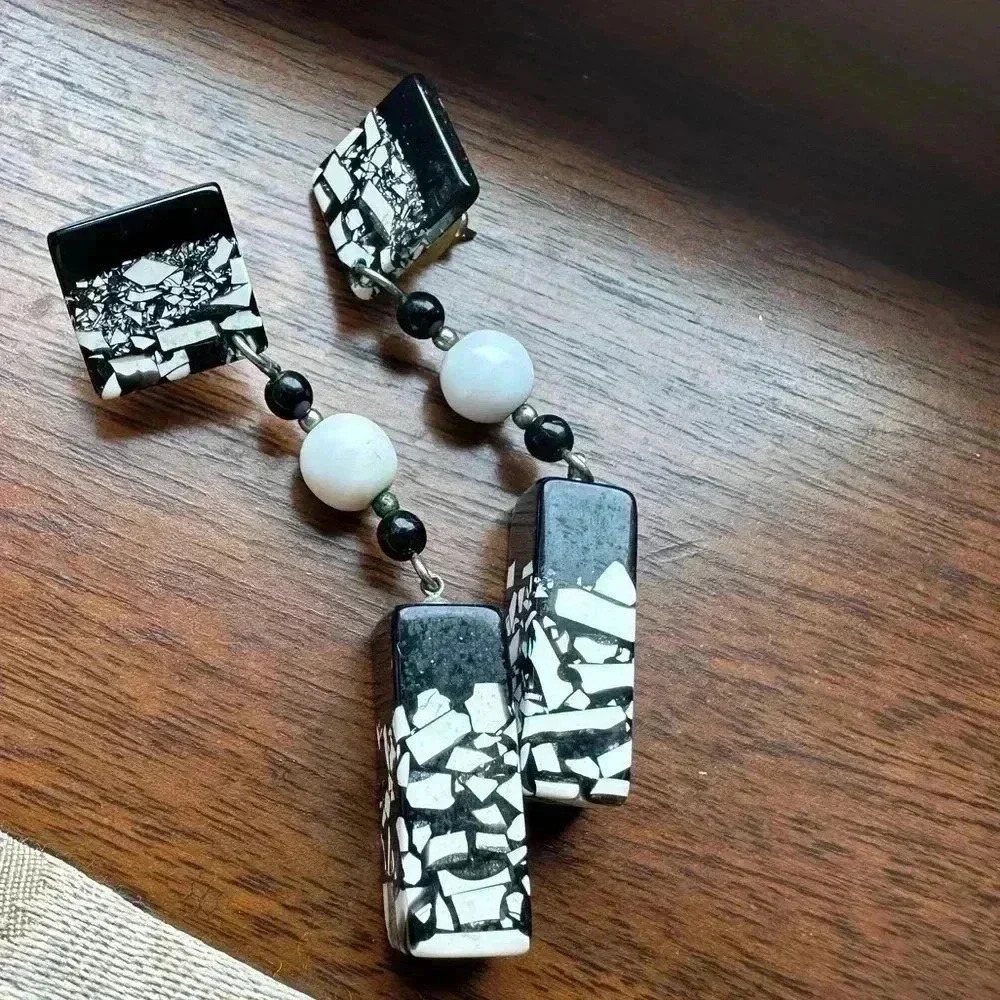 Speckled Black and White Long Drop Earrings